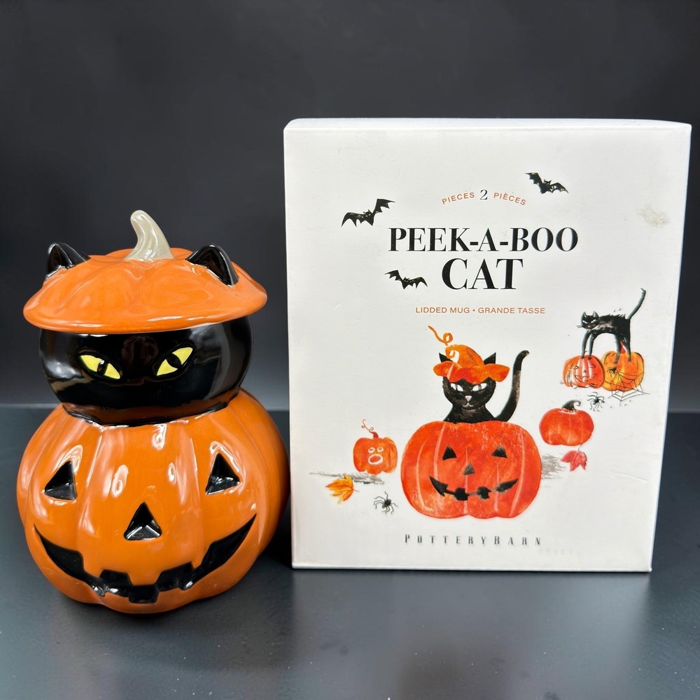 Pottery Barn Peek A Boo Cat Lidded Mug Halloween Pumpkin Black Cat Ceramic Cup